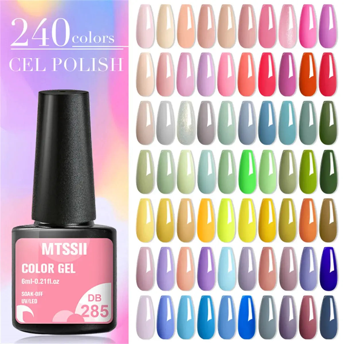 MTSSII gel nail polish bottle with pink label; large color swatch grid for UV/LED soak-off manicure by Simples Market