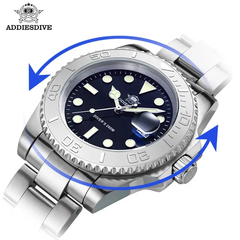 ADDIESDIVE men's quartz diving watch, stainless steel with blue luminous dial and ceramic bezel