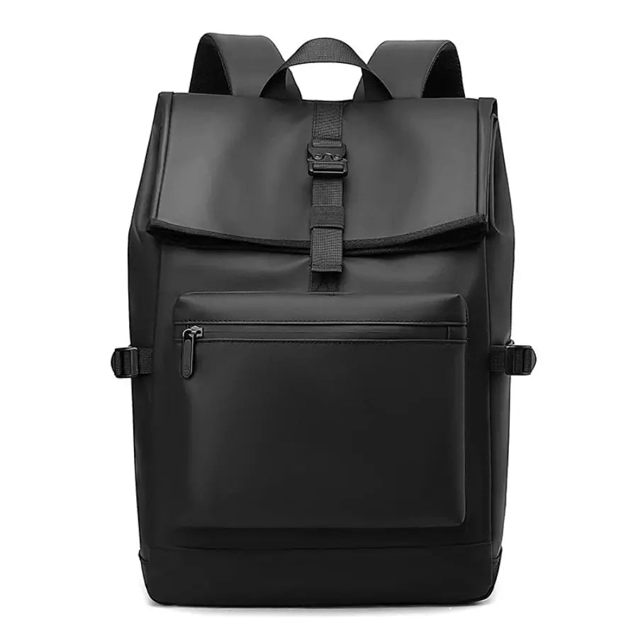 Black 17-inch urban business backpack with top buckle flap and front zip pocket, large-capacity rucksack