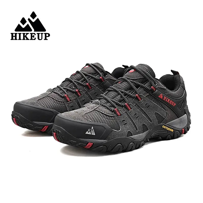 HIKEUP men's hiking shoes pair in gray suede leather with red accents and rugged outsole
