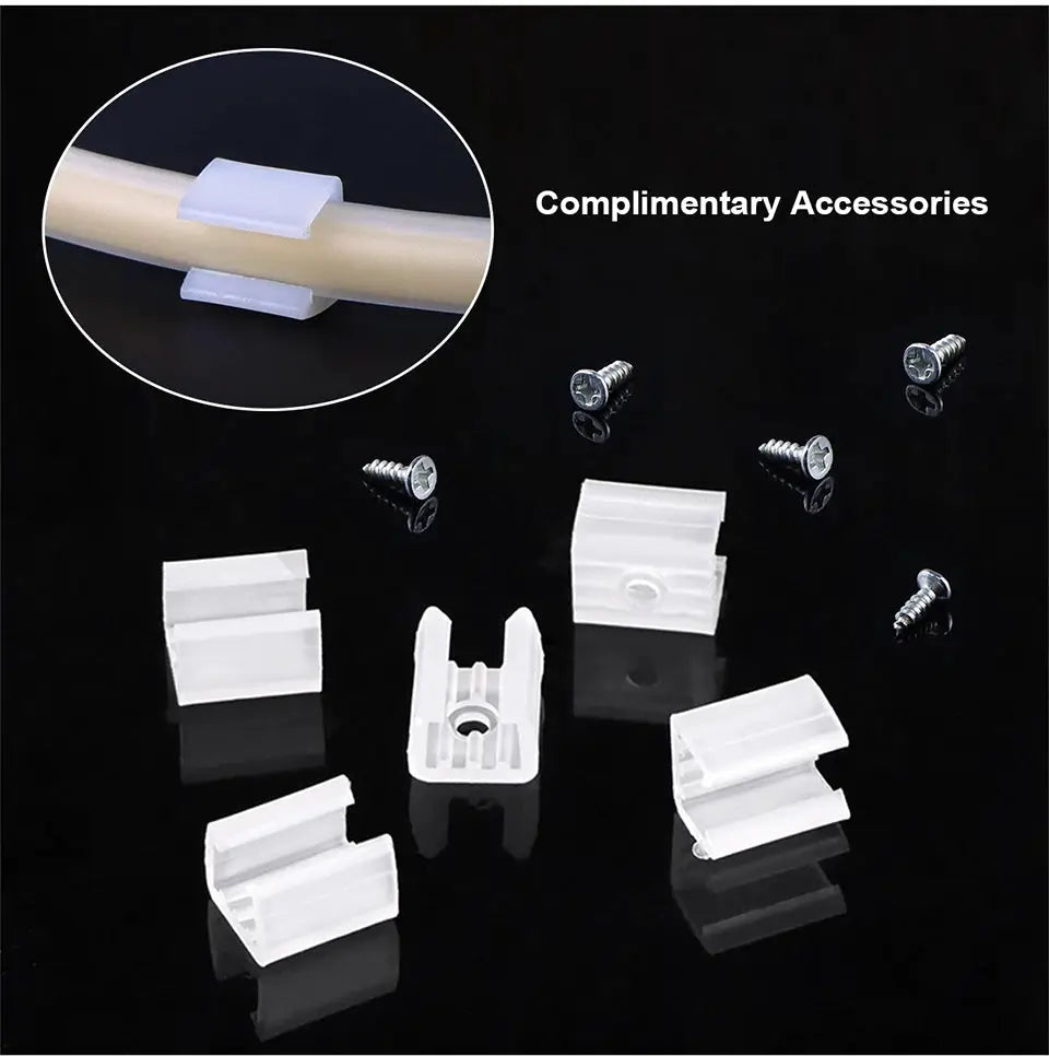 LED strip light mounting accessories kit by Simples Market with white plastic clips, end caps and screws