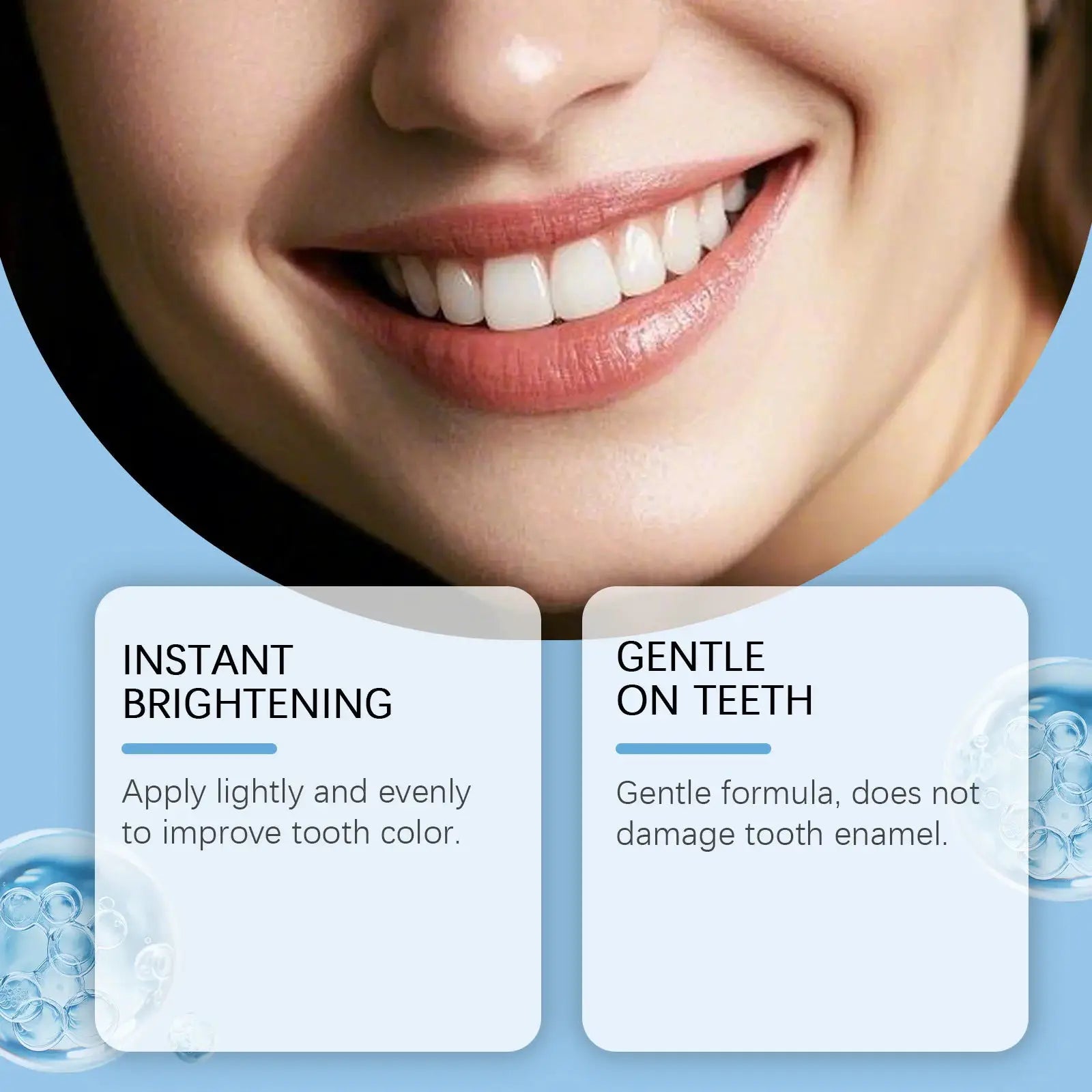 Simples Market 5ml tooth whitening paint; close-up of a smile with white teeth on blue background and product cards