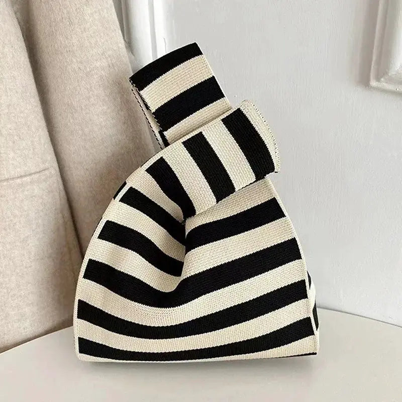 Handwoven striped handbag, black and white mini casual tote, Korean-style