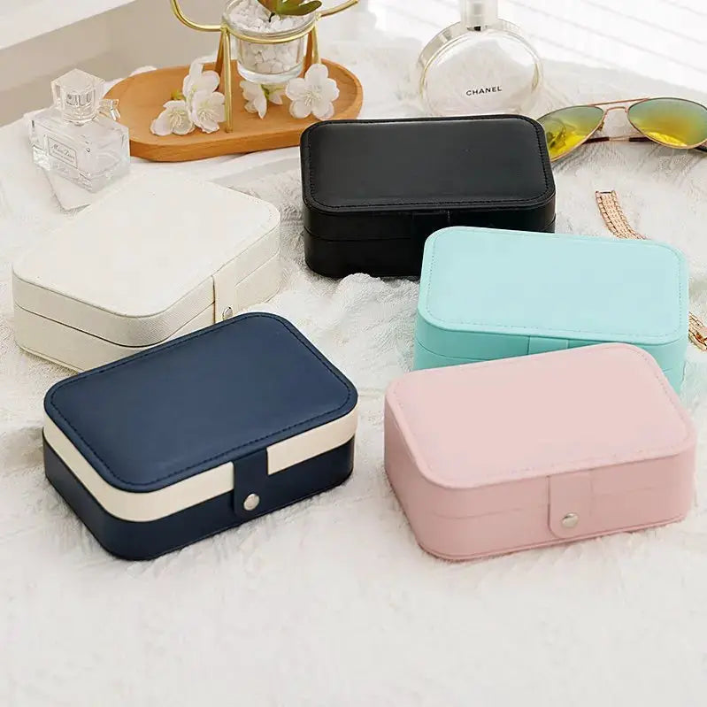 VoyageLux Leather Portable Jewelry Storage Box Travel Organizer For Earrings Necklaces Rings Case