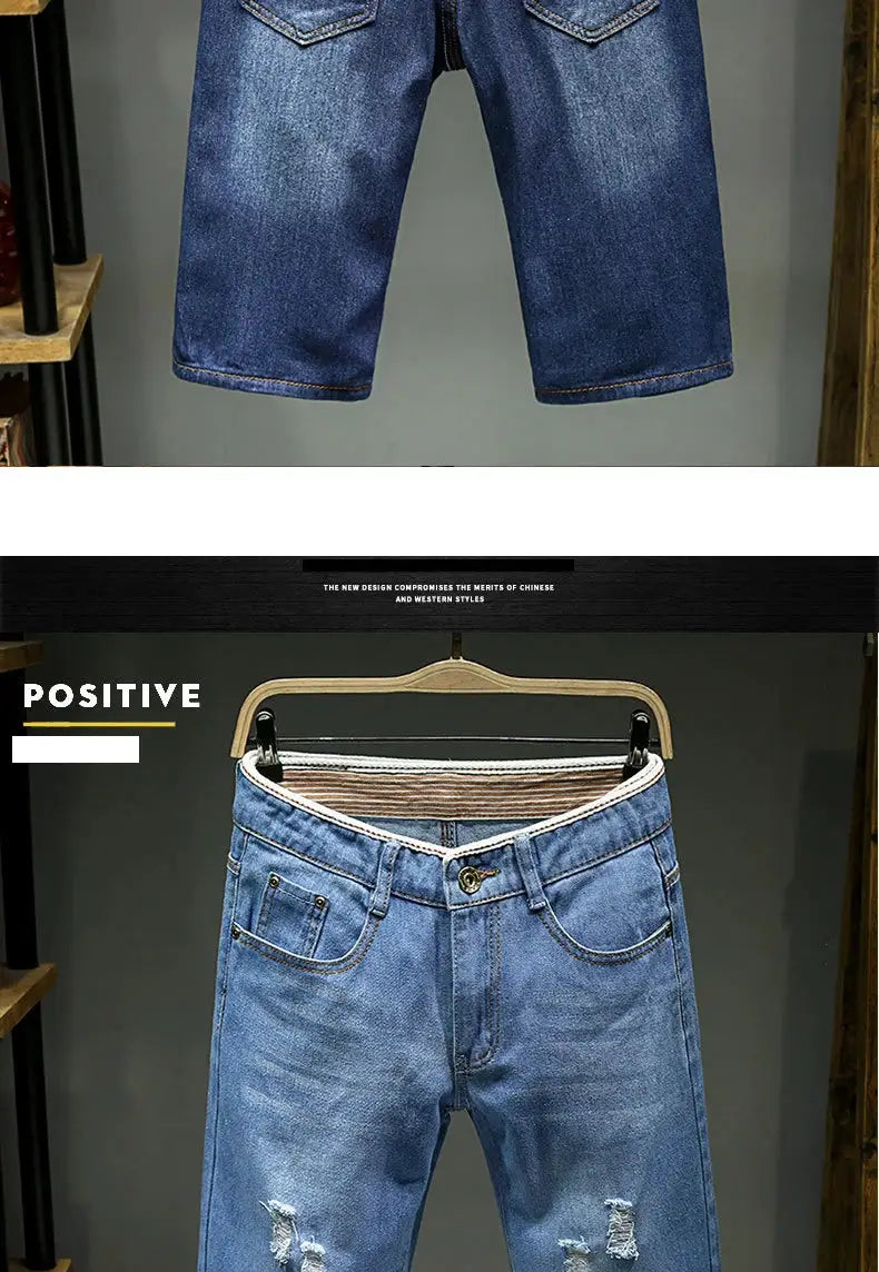 Men's denim shorts slim fit, light blue washed denim for summer casual wear