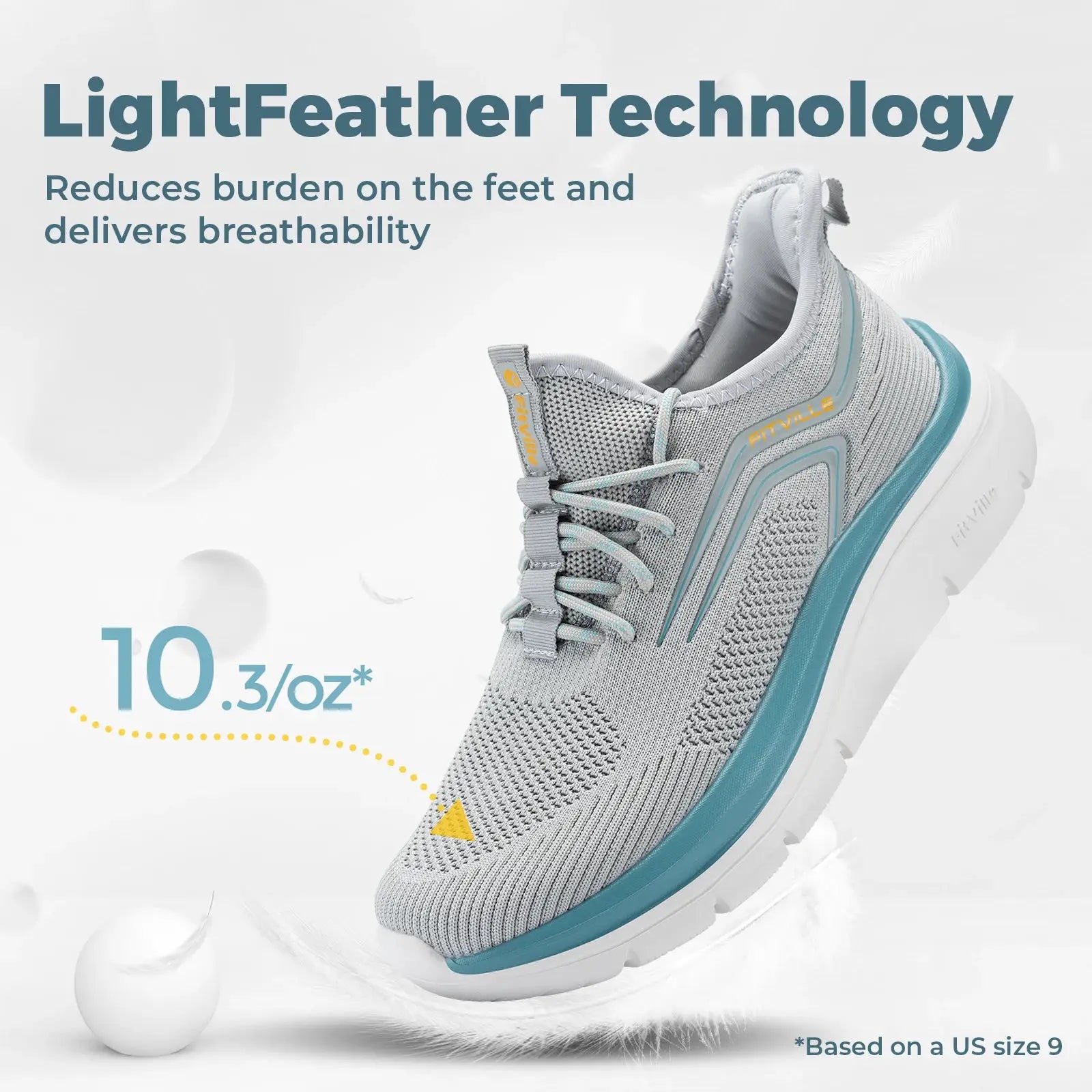 FitVille thick-sole running shoes for men with arch support, gray knit upper and teal outsole.