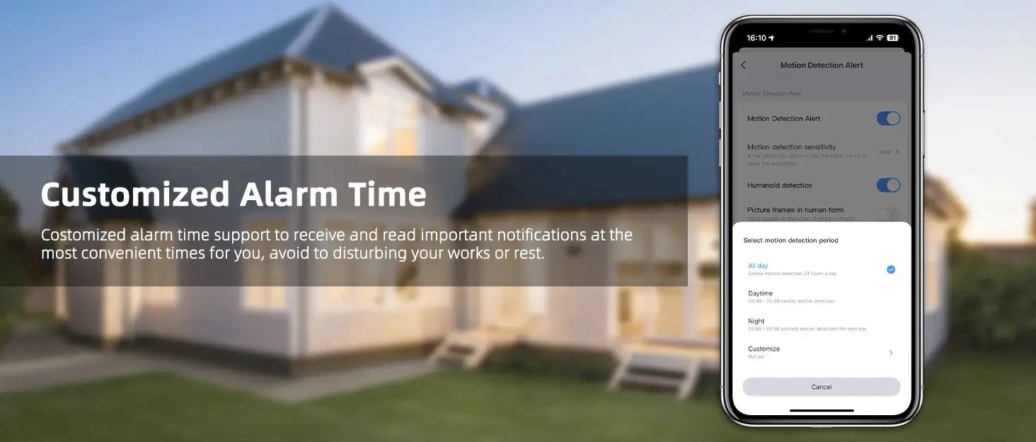 Simples Market 10K 20MP outdoor WiFi security camera with 4 lenses and PTZ, shown with a smartphone motion-detection app.