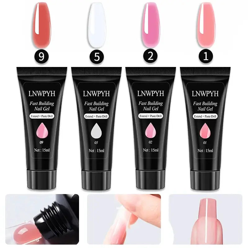 Nail gel polish kit with four LNWPYH tubes and color swatches in red, white, pink, coral