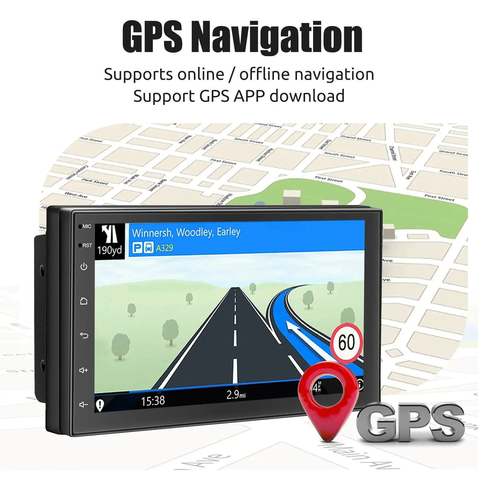 Black 7/9/10-inch car GPS navigation head unit with Android Auto and CarPlay, touchscreen map display, Simples Market