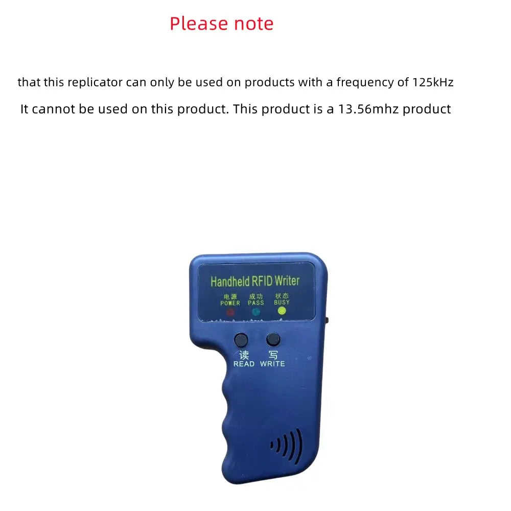 Handheld RFID Writer in blue with read/write buttons and status LEDs