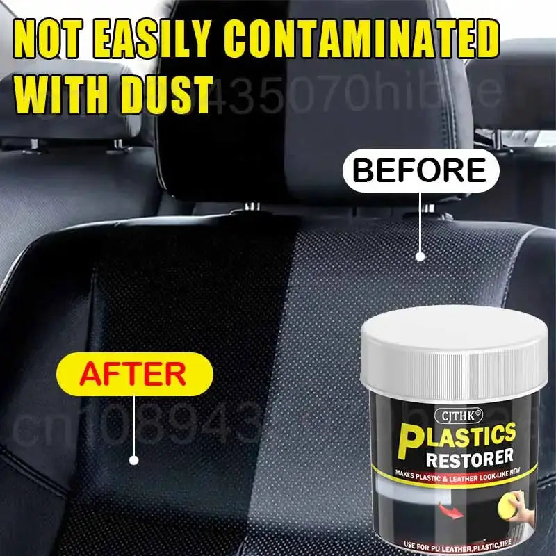 Car plastics restorer by Simples Market; black jar with white lid for plastic and leather interior restoration