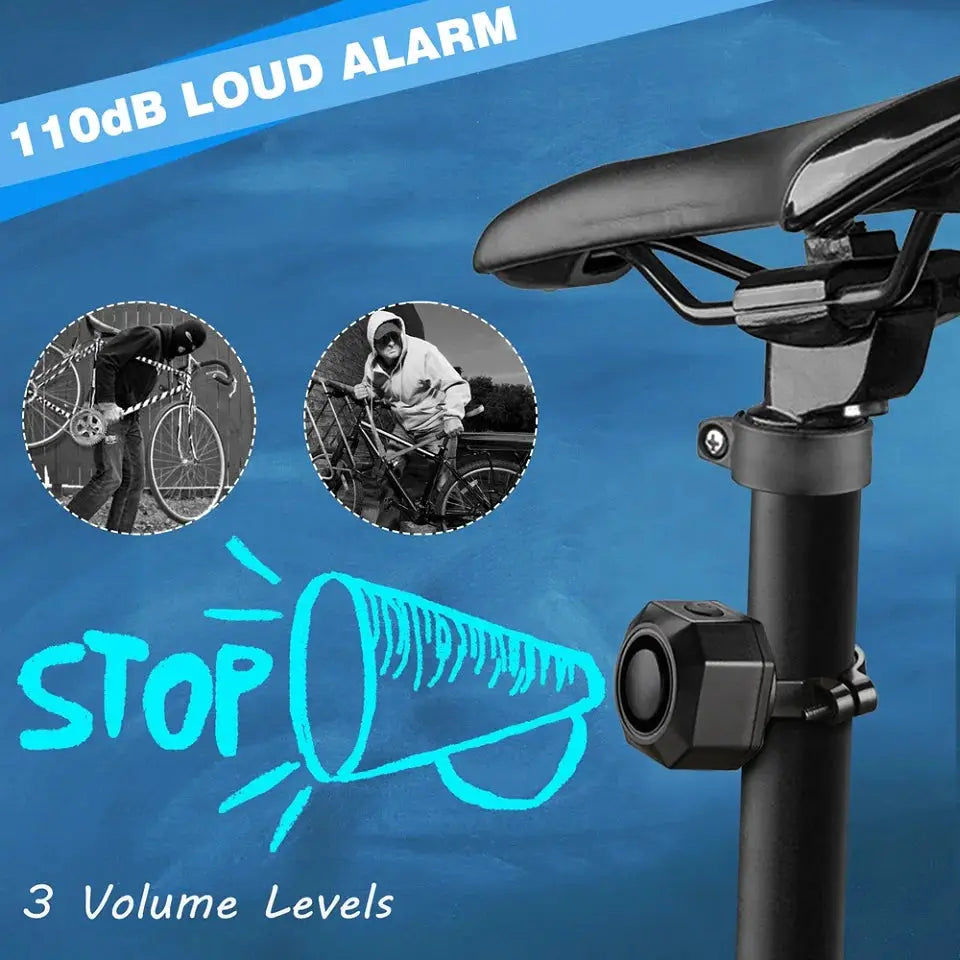 Hollarm wireless bike vibration alarm mounted on a bike seat post; black USB charging anti-theft device, 110dB