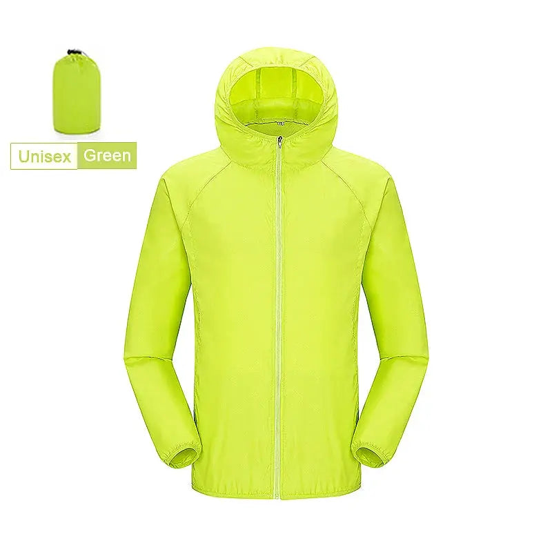 Unisex neon green waterproof hiking jacket with hood and front zipper for outdoor trekking