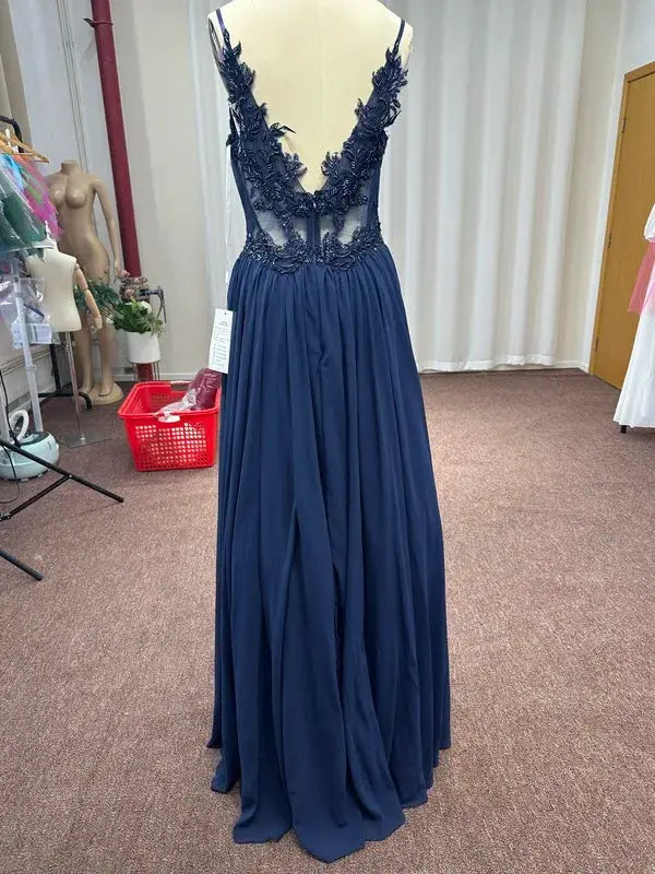 Navy Blue Spaghetti Straps A Line Evening Dress Appliques Prom Gown