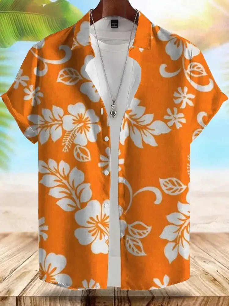 Seaside Hawaiian style men's shirt, orange with white hibiscus print, short sleeves, Simples Market.