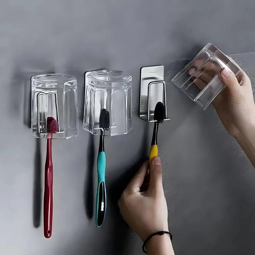 Stainless Steel Wall Mounted Toothbrush And Wash Cup Holder Perforation Free Bathroom Shelf Storage Rack Two In One