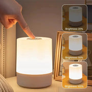 Simples Market bedside LED touch night light with white shade and gray base; rechargeable dimmable lamp.