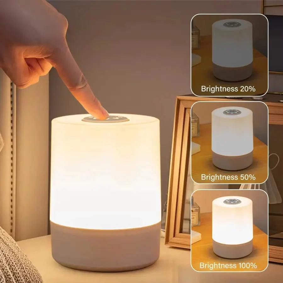 Simples Market bedside LED touch night light with white shade and gray base; rechargeable dimmable lamp.