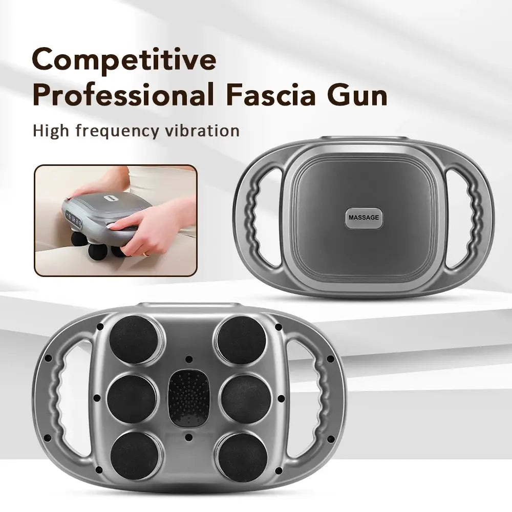 Simples Market electric fascia gun with 6 heads, high-frequency vibration, silver handheld massager for back and legs