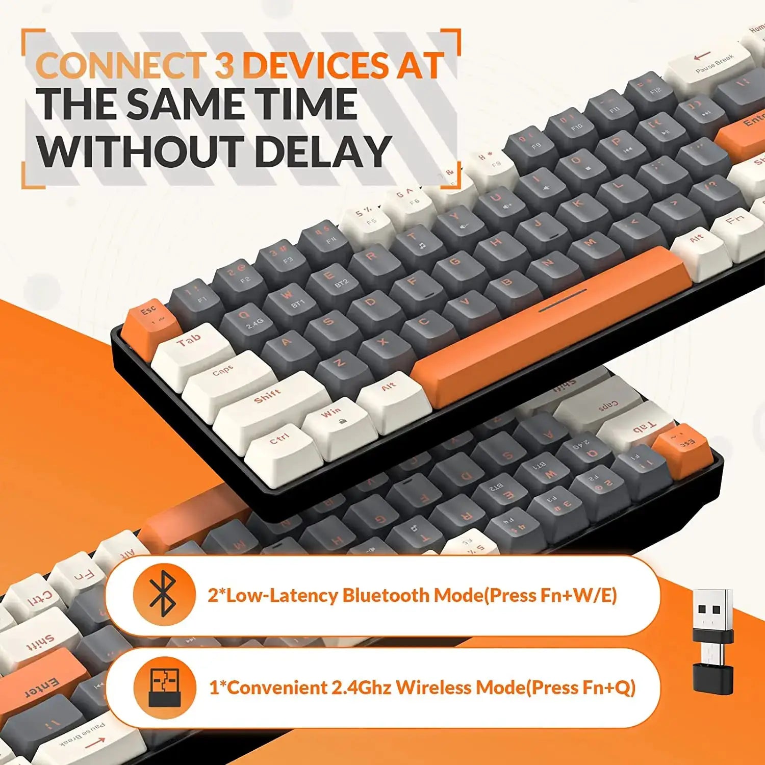 RK68 60% wireless mechanical keyboard by Simples Market with orange accents and keycaps; dual Bluetooth/2.4GHz modes.