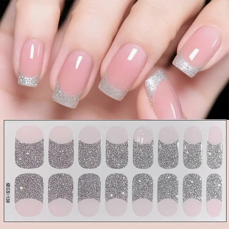 Full-cover glitter nail sticker set by Simples Market with self-adhesive silver French-tip decals