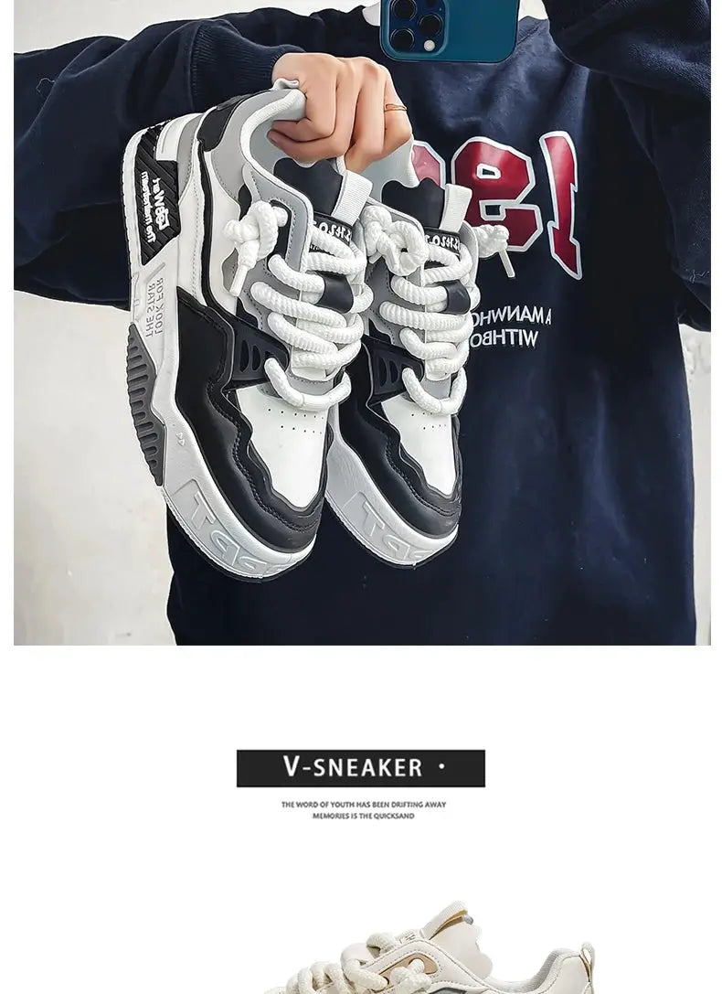Men's trendy skate shoes, two white and gray lace-up sneakers with non-slip soles