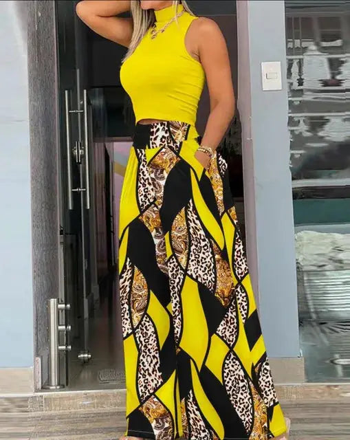 Summer Print Two Piece Set Women Sleeveless Tank Top Wide Leg Pants