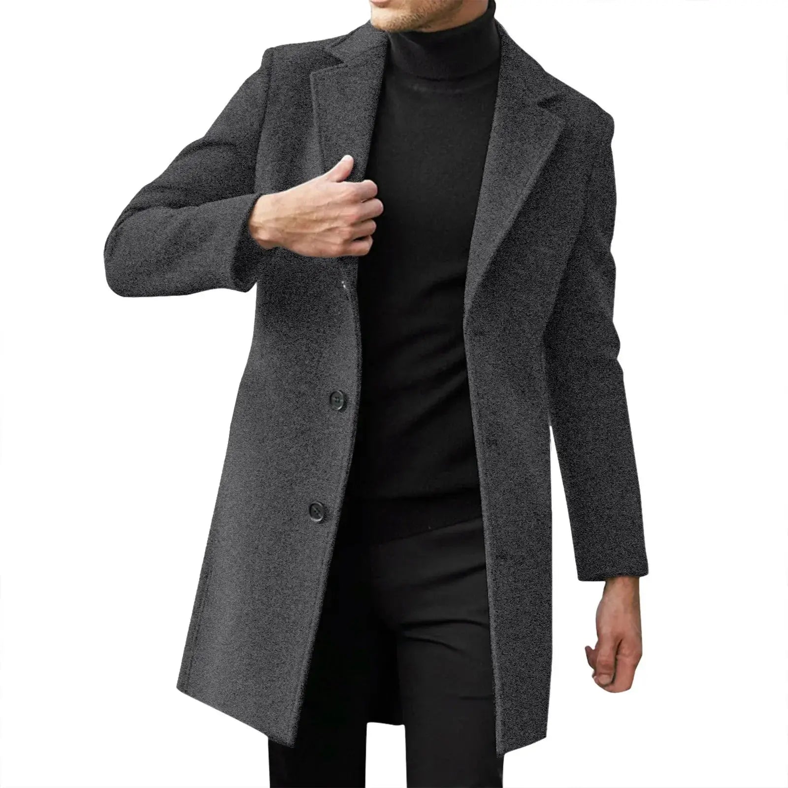 Men's wool-blend trench coat in gray by Simples Market; shown with black turtleneck