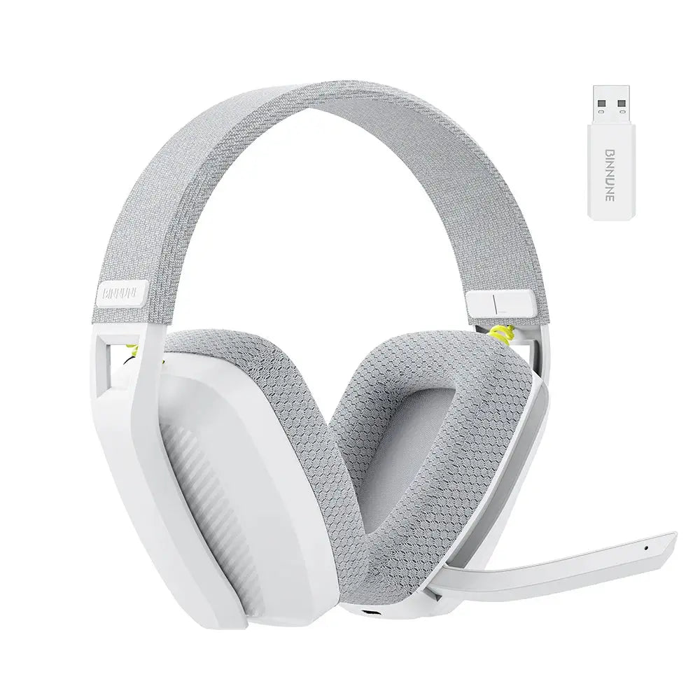 BINNUNE BW06 wireless gaming headset with mic in white/gray, USB dongle included
