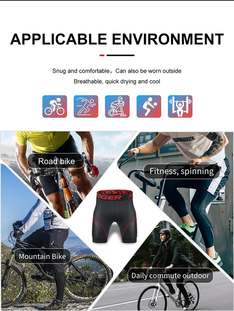 X-TIGER men's cycling underwear shorts with 5D padding, black with red accents, anti-slip leg grips