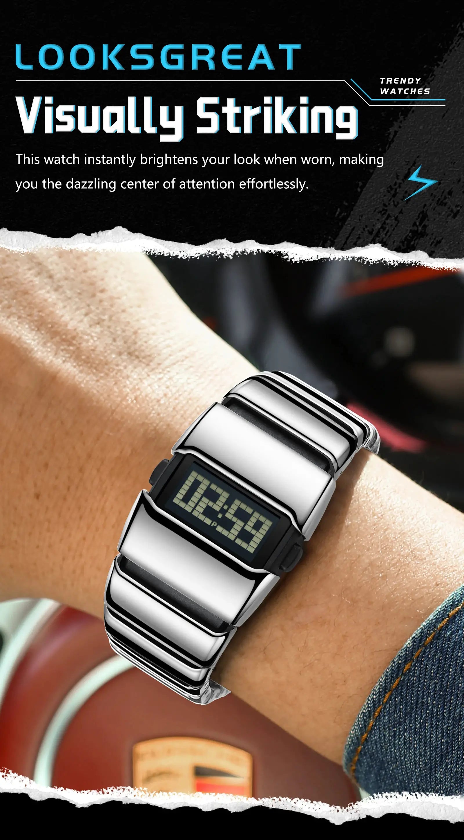 POEDAGAR LED digital men's watch with stainless steel band, waterproof