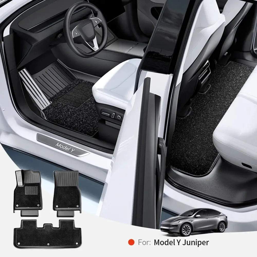 Tesla Model Y Juniper four-piece black TPE floor mat set with trunk mat; waterproof and anti-slip.