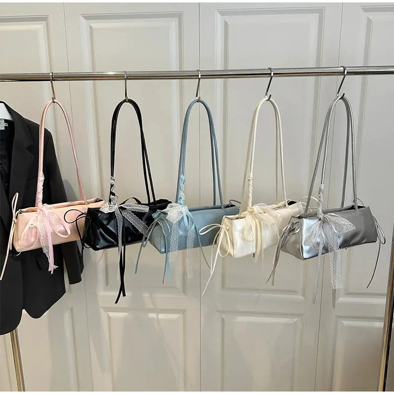 Simples Market French elegant square PU shoulder bag with Korean bow, five colors: pink, black, blue, cream, gray.