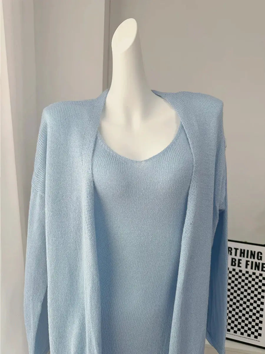 Three Piece Women Cardigan Vest Dress Set With Long Sleeve Outfit