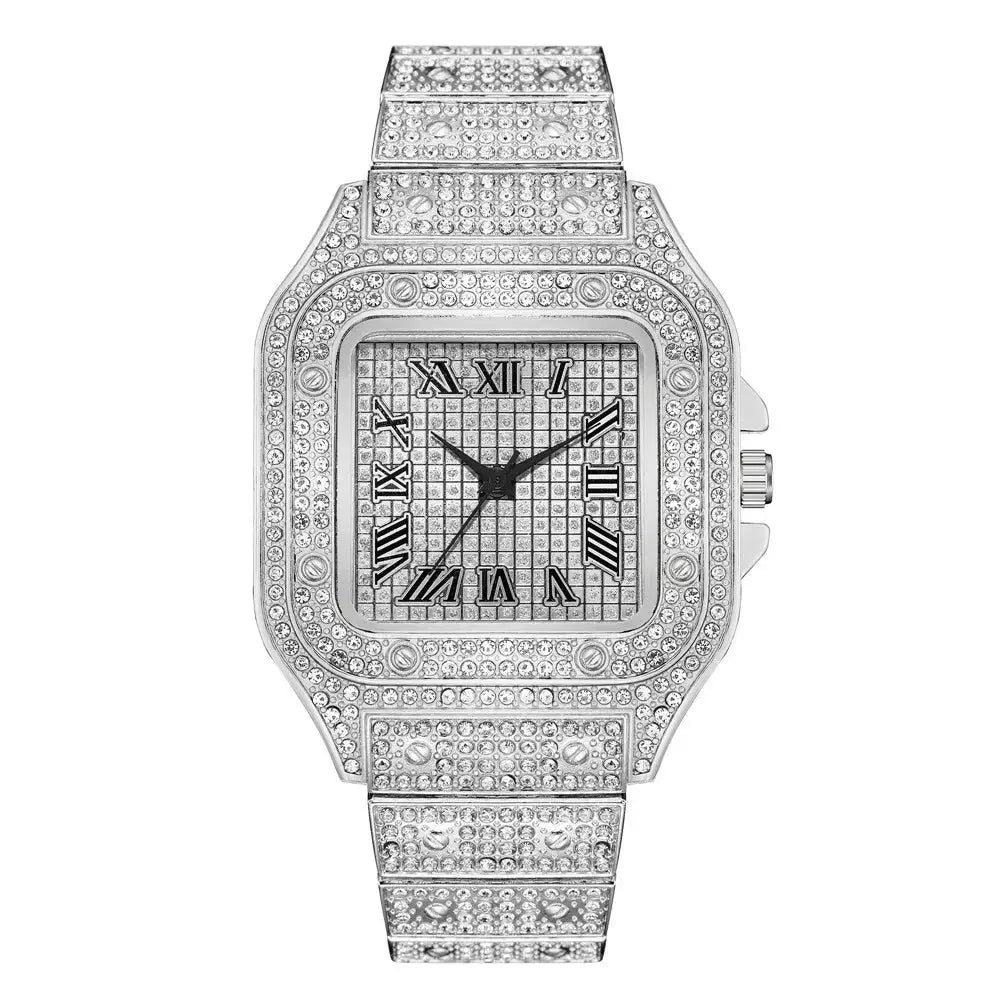 Classic Luxury Mens Steel Strap Square Rhinestone Quartz Watch for Elegant Business Timekeeping