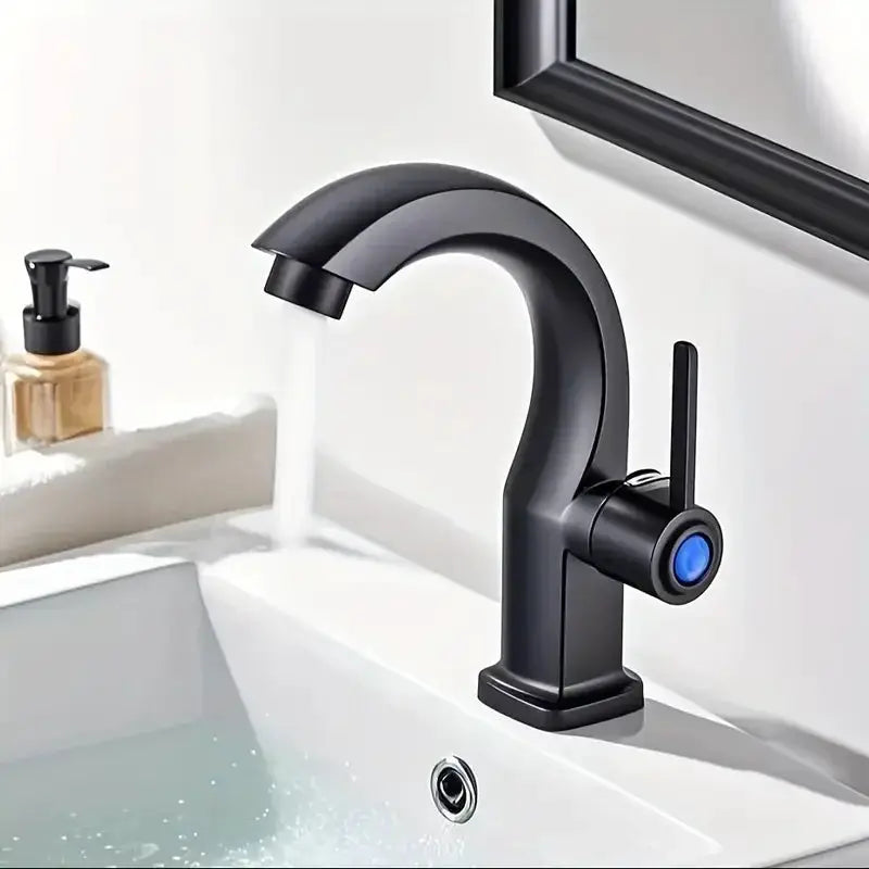 Single-hole bathroom sink faucet in matte black with curved spout and side spray, easy to install