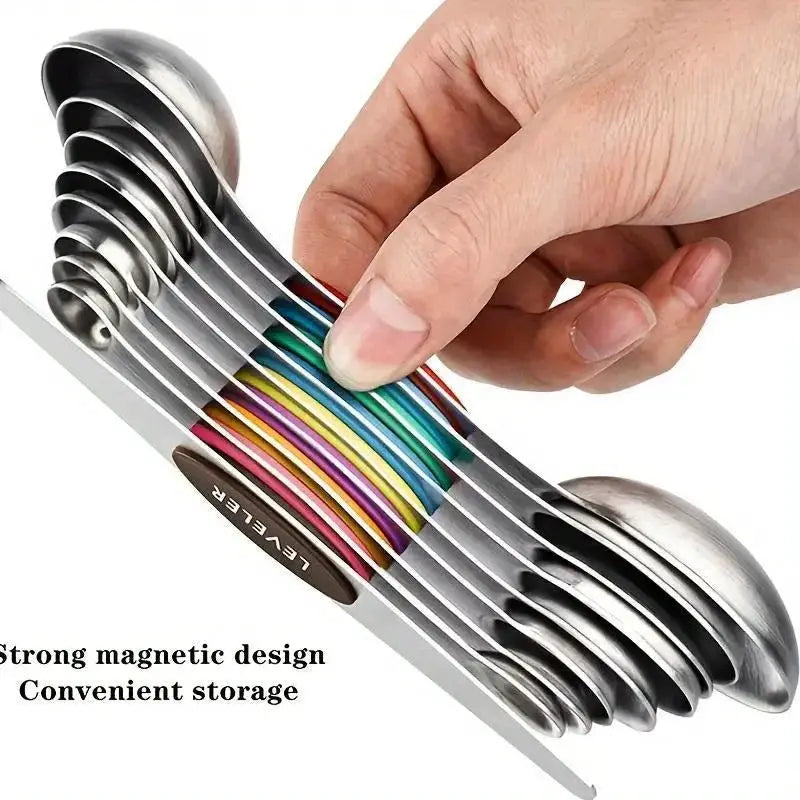 ChefMate Stainless Steel Double Headed Measuring Spoon Set 9 Piece With Magnetic Suction And Precise Scale
