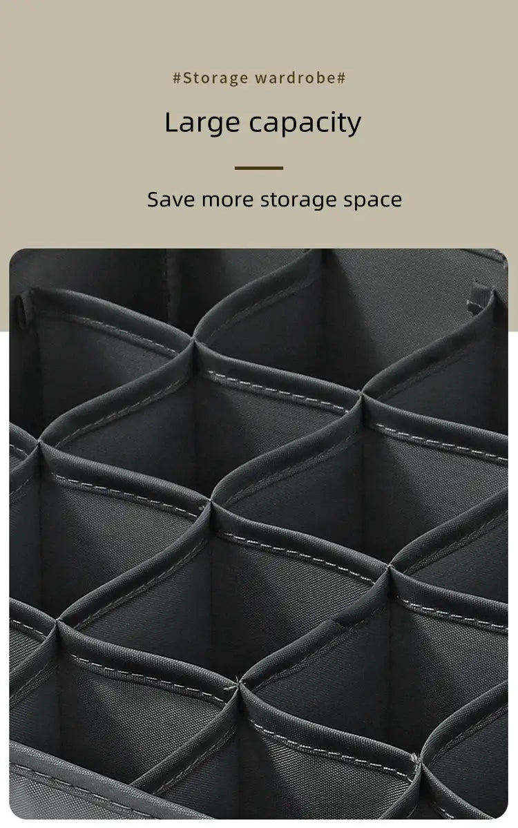 Underwear and sock organizer storage box in black fabric with multiple cubby compartments by Simples Market