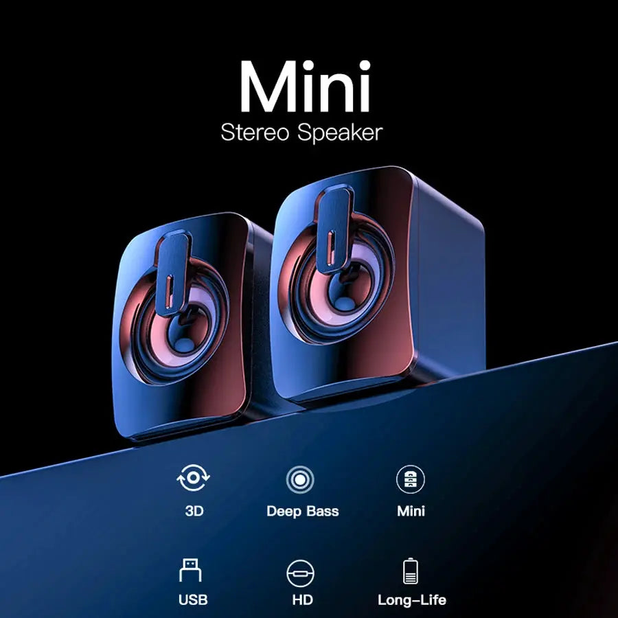 Pair of blue glossy mini stereo computer speakers; USB-powered with deep bass, shown on a dark background.