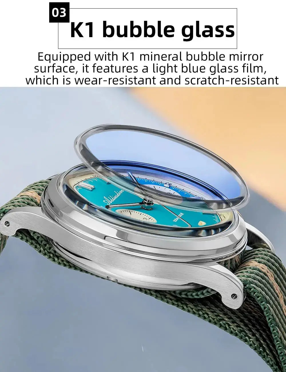 ADDIESDIVE men's watch with turquoise dial, bubble glass, stainless steel case, and green braided strap