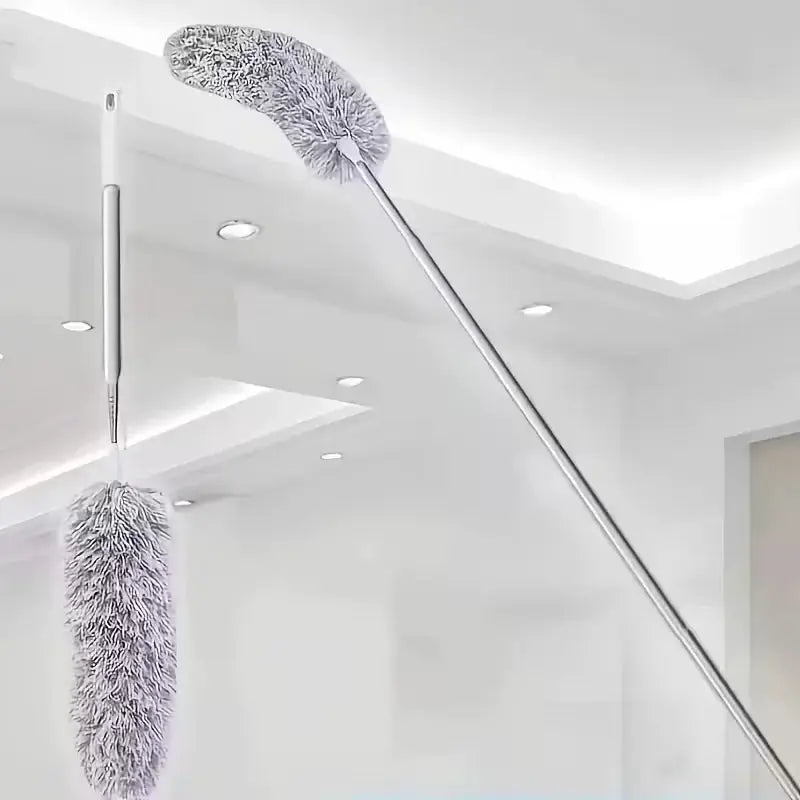 Extendable microfiber ceiling duster with long metal rod and curved head