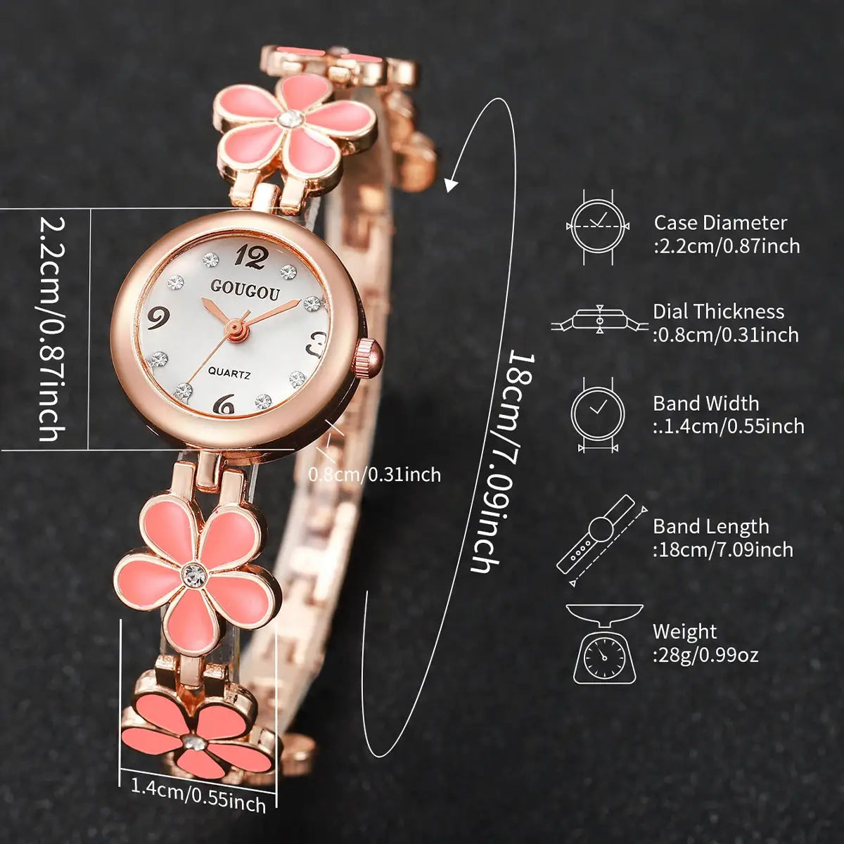 Simples Market women's rose-gold watch with flower bracelet strap, pink enamel petals and crystal accents
