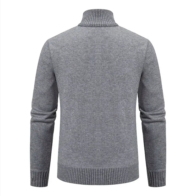 Men's gray knitted sweater coat with ribbed cuffs and high collar, cashmere-like knit