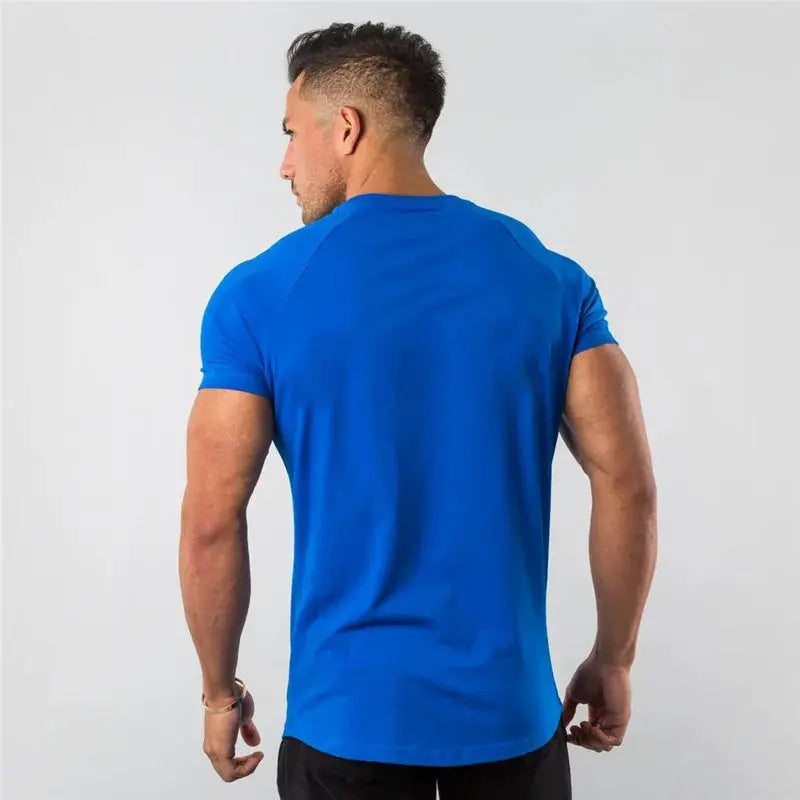 Men's blue cotton short-sleeve T-shirt, slim fit, back view