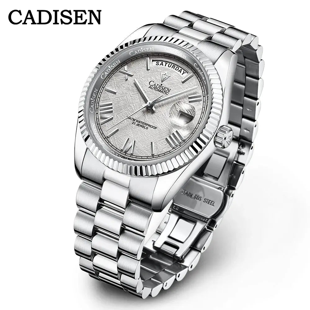 Cadisen men's stainless steel automatic watch with meteorite-textured dial, day-date window, and bracelet