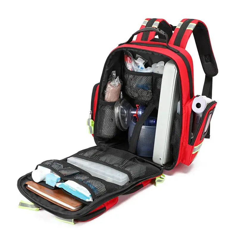 Emergency Rescue First Aid Backpack with organized medical supplies for fast access in emergencies.