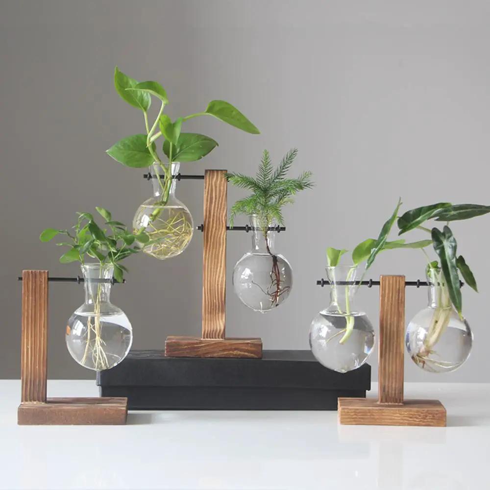 Simples Market five glass bulb planters on wooden stands; clear desktop hydroponic vases for plants