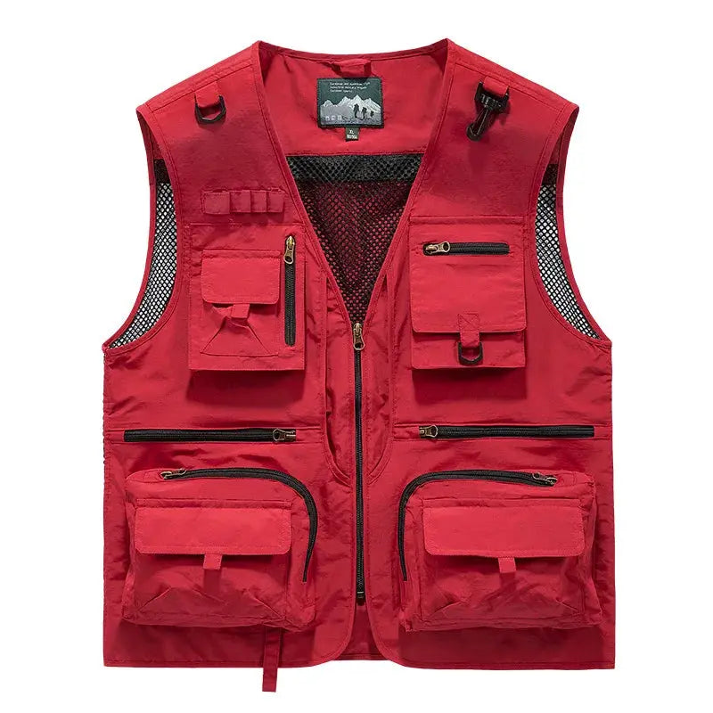 Men's red breathable sleeveless outdoor vest with multiple pockets and mesh panels.