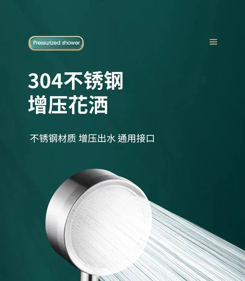 Handheld shower head in SUS 304 stainless steel by Simples Market, high-pressure water-saving rainfall spray.