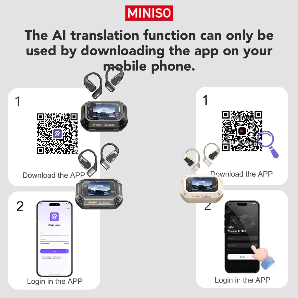 AI MINISO M98 wireless headphones with LCD touch screen in black and beige; two variants with app QR download/login panels.